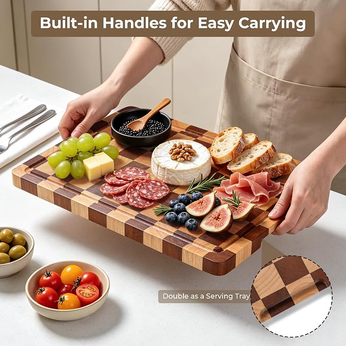 Checkered Cutting Board for Kitchen - Checkerboard Wood Chopping Board with Juice Groove & Handle, End Grain Wooden Checker Kitchen Board for Cooking, Serving and Decor