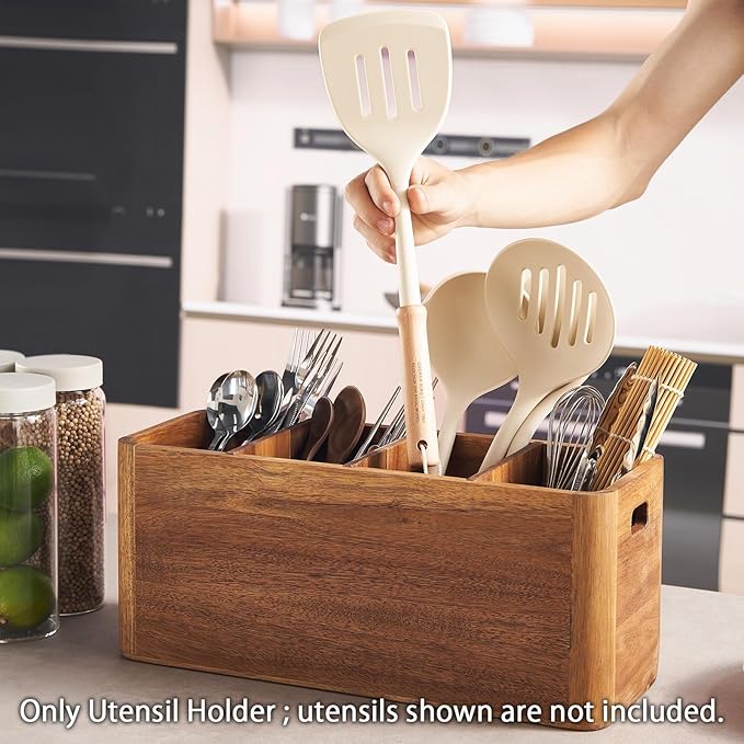 16" Wooden Kitchen Utensil Holder, Extra Large Acacia Wood Organizer for Cooking Tools, Utensils & Cutlery Storage – 4-Compartment Countertop Holder