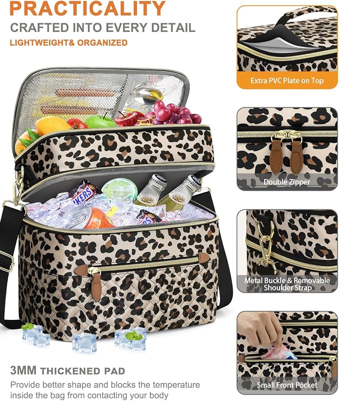 Capolo Lunch Box for Women Men Adults,Double Deck Insulated Lunch Bag Leakproof Lunch Cooler Box with Removable Strap Lunch Tote Bags Reusable Thermal Lunchbox for Work Picnic(Large,Leopard)