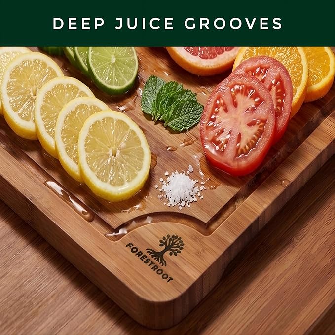 Bamboo Cutting Board Set – 3-Piece Wooden Kitchen Boards for Meal Prep & Serving – Durable Bamboo with Deep Juice Groove & Side Handles – Great for Meat, Vegetables & Charcuterie (Brown)