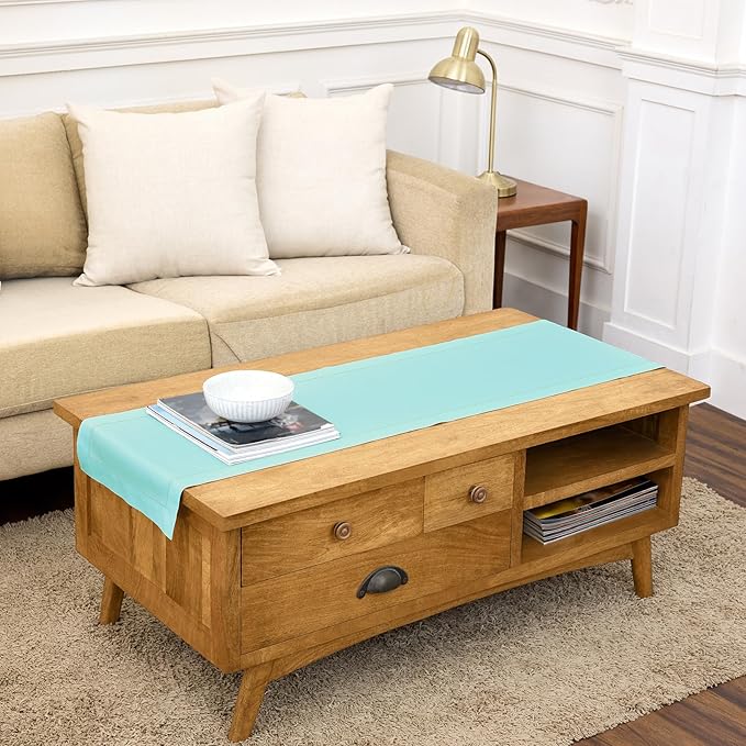 Solino Home Cotton Linen Table Runner 48 Inches - Pastel Turquoise Hemstitch Table Runner 14 x 48 Inch Ideal for Dresser and Coffee Tables, Spring, Summer