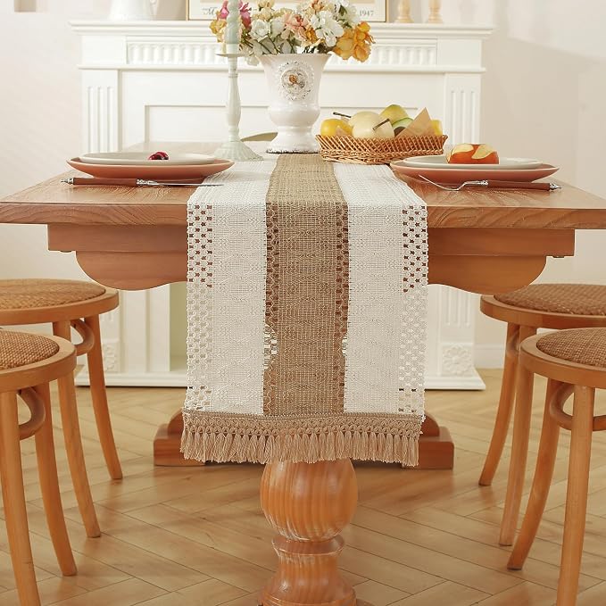 Niviy Boho Table Runner for Brown White Tassel Home Decor 72 Inches Long, Modern Farmhouse Decor Rustic Macrame Cotton Linen Woven Coffee Table Runners for Dining Table Decoration