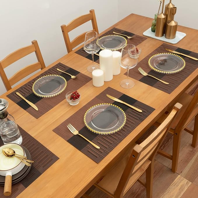 Winknowl Placemats Set of 8, Heat Resistant Non-Slip Vinyl Woven Table Mats for Dining Table, Washable Durable Elegant Place Mats for Kitchen Indoor/Outdoor Use (Coffee)