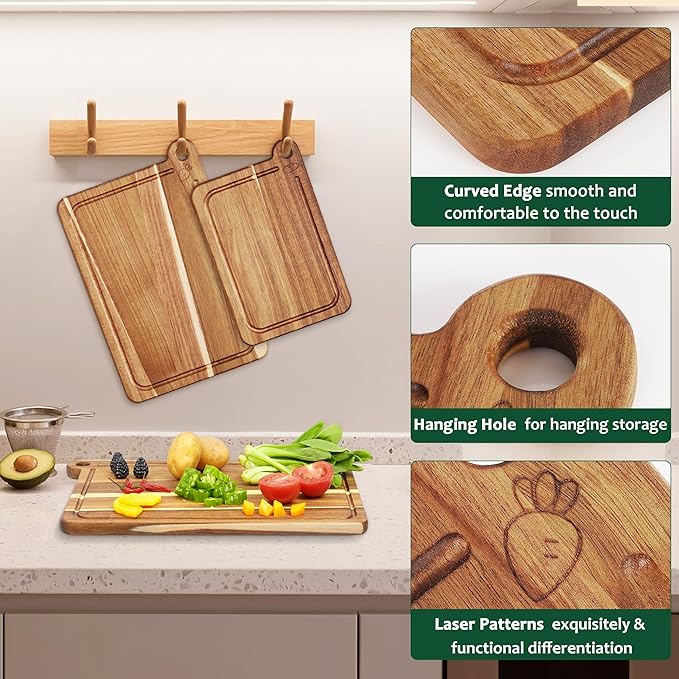 3 Pack Cutting Board Set, Acacia Wood Cutting Boards for Kitchen, Chopping Board with Deep Juice Grooves & Built-in Handle, Charcuterie & Chopping for Meat, Vegetables and Cheese