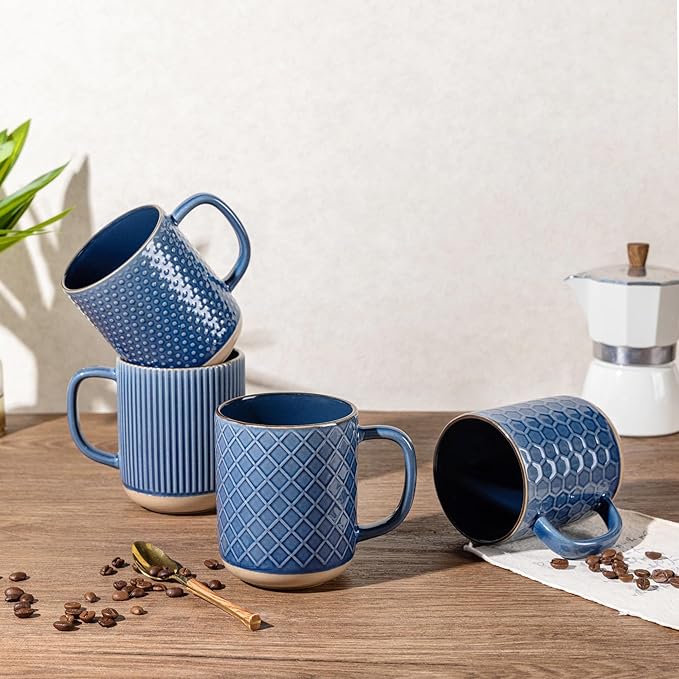 GBhome Stoneware Coffee Mugs Set of 4, 12oz Handmade Ceramic Coffee Mugs Set with Large Handle for Cappuccino/Latte/Tea/Hot Cocoa, Dishwasher & Microwave Safe, Moonlight Blue