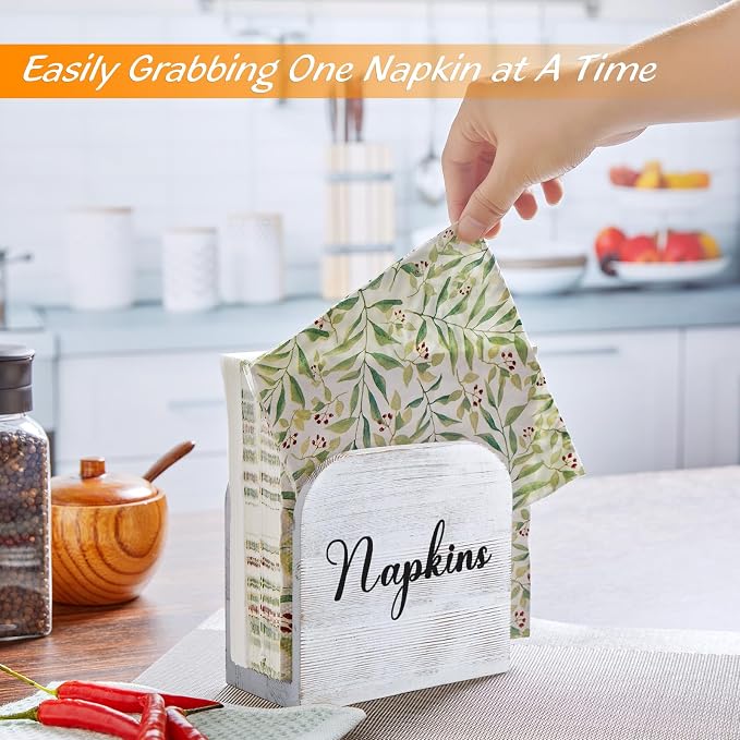 ALELION White-washed Wood Napkin Holder for Table, Wooden Upright Napkin Holders for Kitchen, Standing Napkin Dispenser for Rustic Kitchen Dining Room Party Cocktail Outdoor Decor