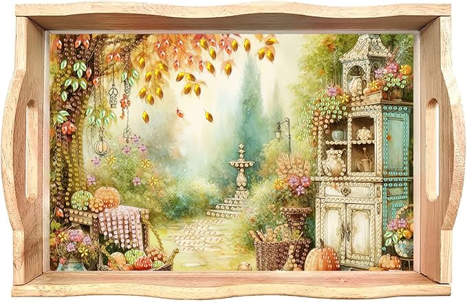 DIY Diamond Serving Tray Diamond Art Painting Creative Design Handmade Wooden Tray Dinner Plate for Coffee Breakfast Home Organizer-Autumn Garden