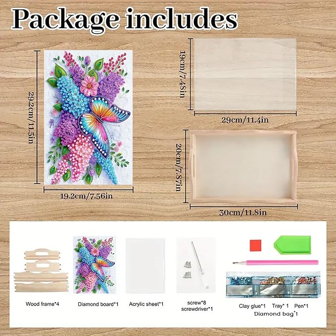 DIY Diamond Serving Tray with Handle Handmade Gem Painting Wooden Rectangular Breakfast Tray for Dinner Plate Coffee Room Living Home Organizer-Butterfly Flower
