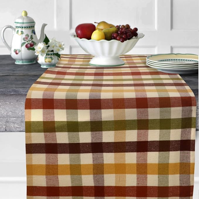 Urban Villa Fall Table Runner Harvest Checks 14''x72” 100% Cotton Over Sized Runner Heavier Quality Ideal Thanks Giving Dining Wedding Dinner Parties Everyday Use
