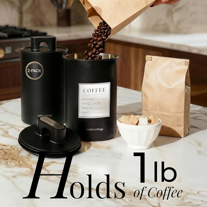 STYLED SETTINGS Vacuum Seal Coffee Bean Container Set – 2-Piece Stainless Steel Coffee Canisters with Scoop and Labels, Matte Black Dual-Lid Airtight Design, 1 lb Capacity Each - Coffee Gift Ideas
