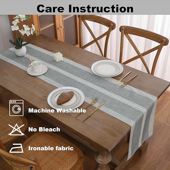 Gernaice Boho Table Runner, Rustic Cotton Linen Farmhouse Table Runners for Dresser End Coffee Table Home Decor, 24" L X 13" W Grey