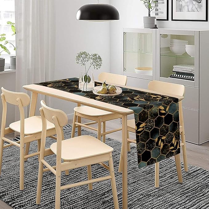 Marble Table Runner, Black and Gold Abstract Geometry Hexagon Modern Luxury Texture Printed Linen Table Runners for Home Farmhouse Kitchen Dining Room Party Holiday Decor 13" W x 90" L