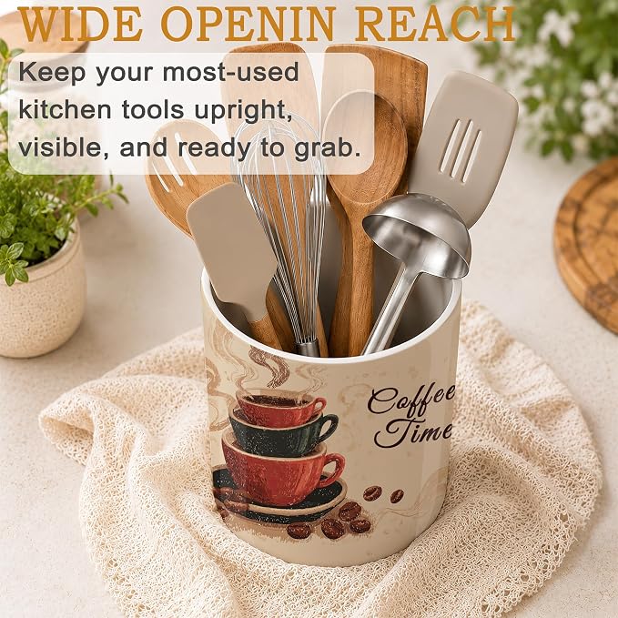 Kitchen Utensil Holder,Vintage Coffee Large Ceramic Utensil Crock for Countertop,Cooking Utensil Organizer for Spatulas,Spoons