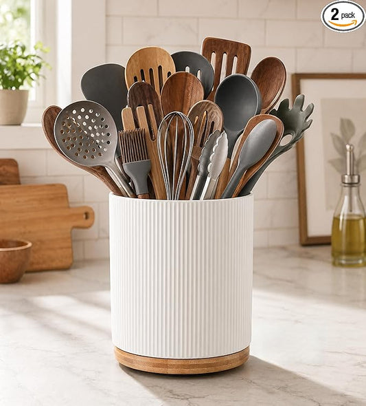KSENDALO Large 360° Rotating Utensil Holder, Cream Milk White 7.76" Kitchen Crock for Cooking Utensils, Durable Countertop Storage for Home Kitchen