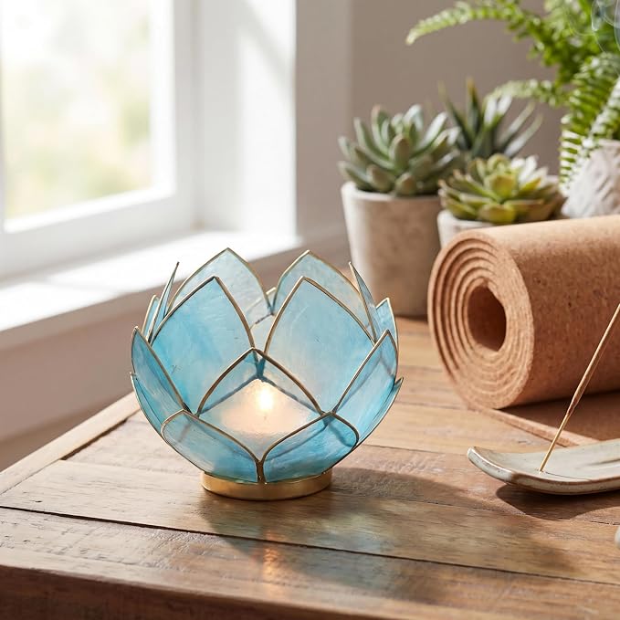 Bowery Hill Handcrafted Capiz Shell Tea Light Holder, Aquamarine Blue, Lotus Flower Design, Translucent Finish, Decorative Candle Holder for Centerpieces, Bathrooms, Meditation Spaces