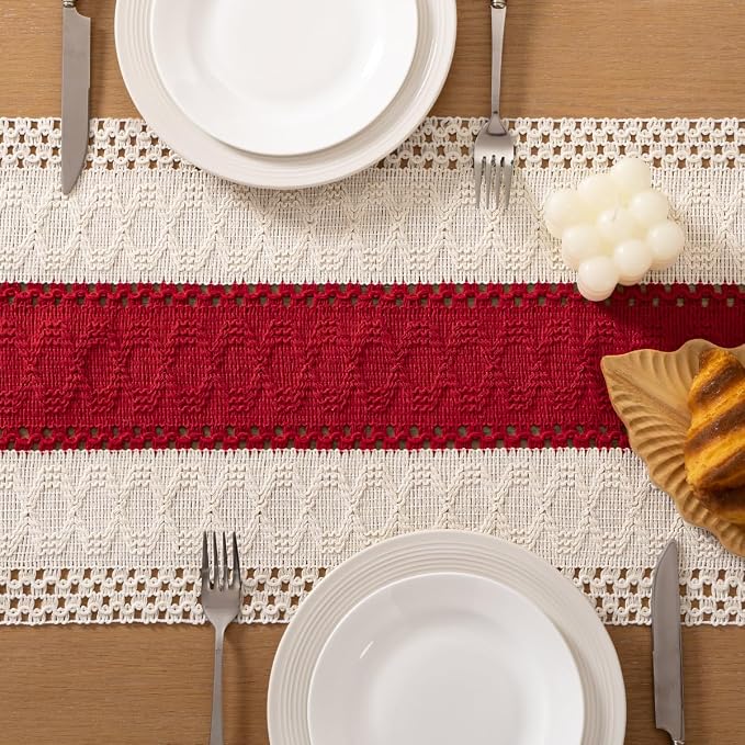 Socomi Boho Table Runner Summer Farmhouse Rustic Dining Kitchen Centerpiece Decor Small Macrame Woven Cotton Linen Coffee Table Runner for Dresser Scarf Home Decor 12x36 in Red Ivory