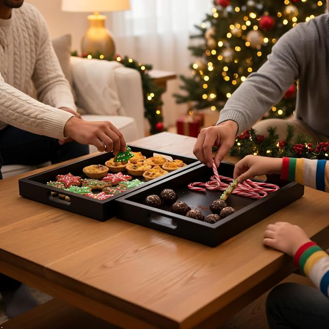 Black Acacia Wooden Rectangular Serving Tray with Handles, Set of 2 (15"x11" & 13"x10"), Large Tray for Ottoman, Breakfast in Bed, Dinner, Coffee Table Decor & Kitchen