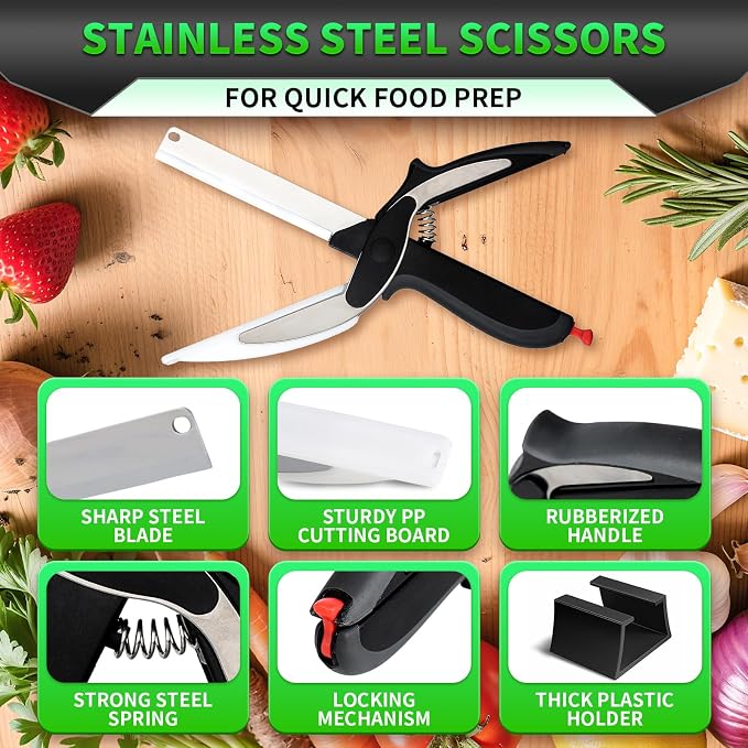 DZ Duozhan Food Cutting Scissors with Built-in Chopping Board - Premium Stainless Steel Kitchen Shears for Vegetables Fruits Meat Poultry - 2-in-1 Multi-Purpose Dishwasher Safe