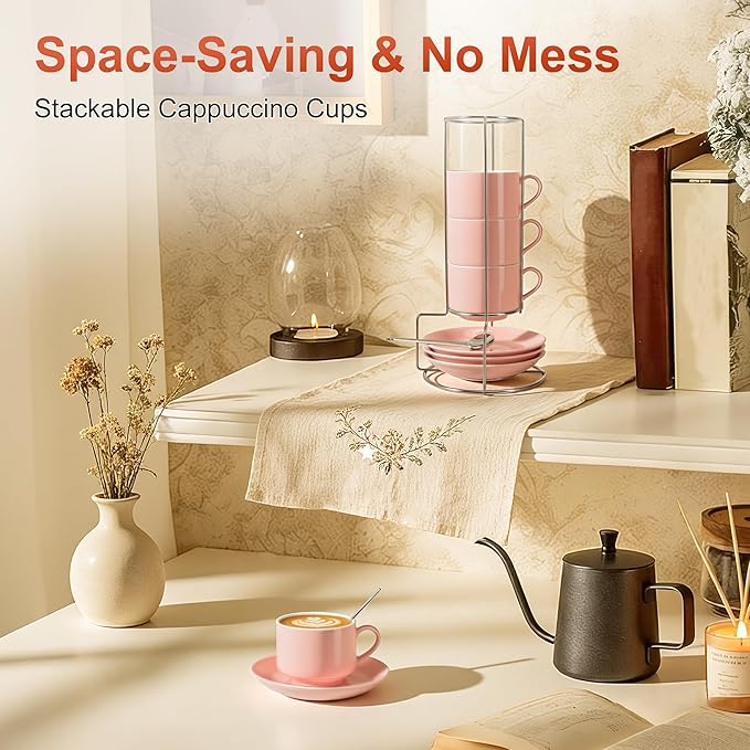 8 Ounce Cappuccino Cups Set of 4, Stackable Cappuccino Mugs, Includes Display Stand, Cups Saucers, and Spoons, for Machines & Home Use, Pink, Silver Tone