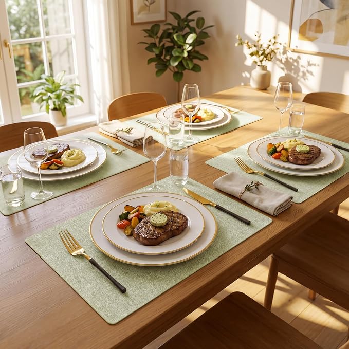 Romanstile Vinyl Placemats Set of 6-12 X 17 Inch - Faux Leather 100% Waterproof Wipeable Anti Slip Place Mats, Heat Resistant Reversible PU Table Mats for Kitchen Dining Party Outdoor, Grass Green