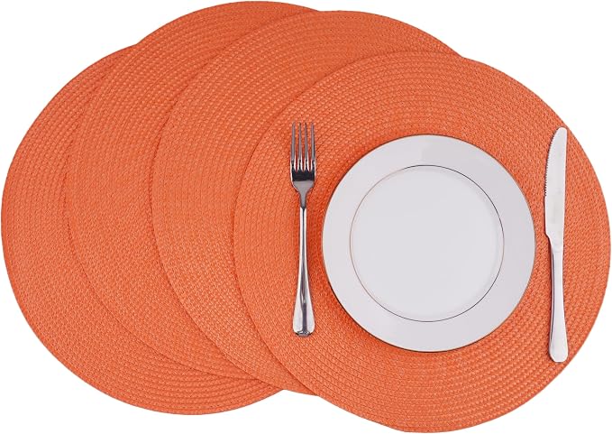 Round Braided Placemats Set of 4 Washable Easy to Clean Place Mats for Dining Tables Woven Non-Slip Heat Resistant Table Mats 15 Inch (Orange)