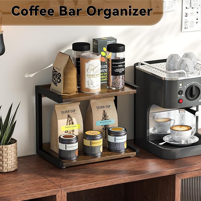 MARTY 2 Tier 12.6"x7.7" Counter Shelf Organizer Kitchen Spice Rack for Countertop, Coffee Station Organizer for Mugs Cups, Wood Shelf Desk Storage Organizer for Bathroom Home Office (Rustic Brown)