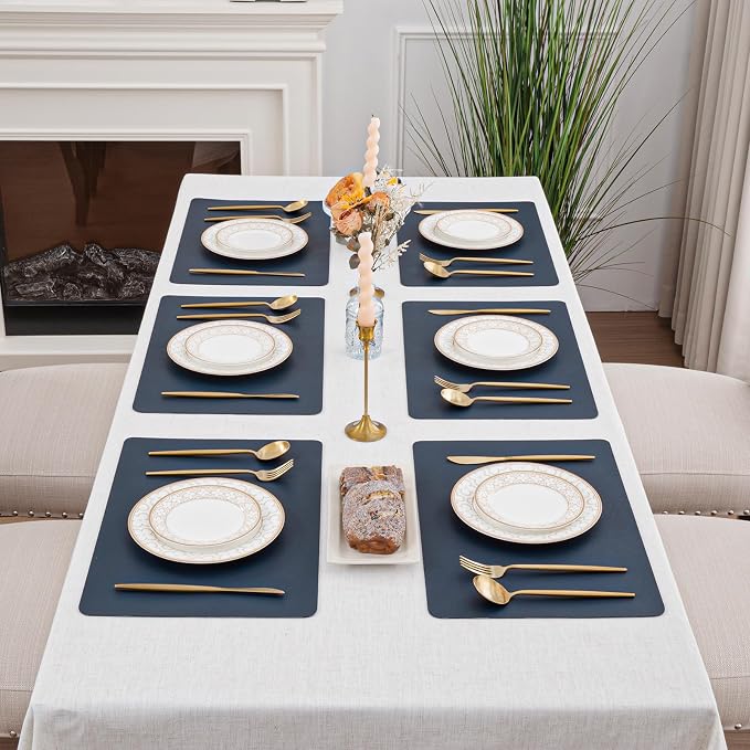 SHACOS Placemats Set of 6 Faux Leather Waterproof Leakproof Wipeable PU Non-Slip Vinyl Place Mats Heat Resistant Table Mats for Kitchen Dining Table Indoor Outdoor, Navy Blue