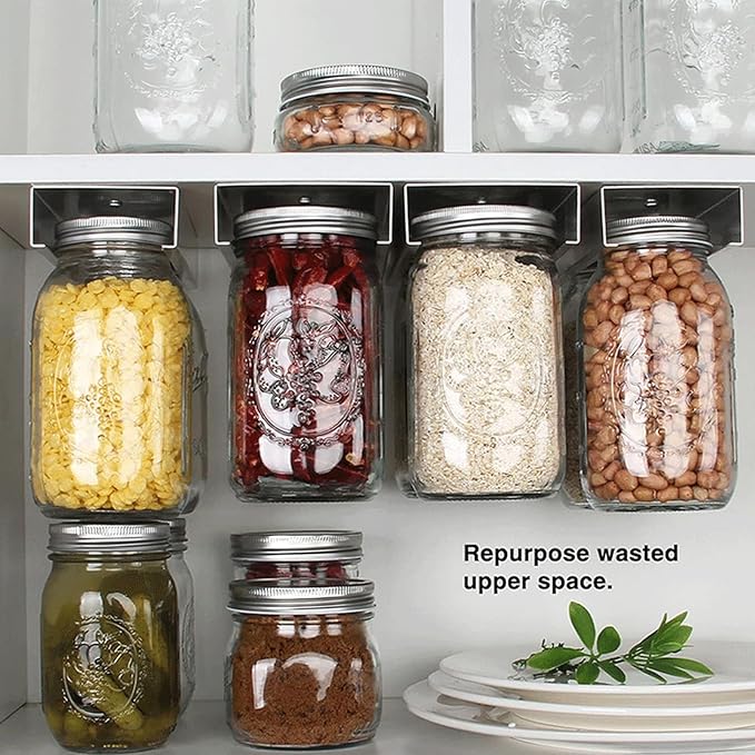 CDQL 2 Pcs Aluminum Alloy Mason Jar Organizer,Mason Jar Holders for Hanging,Space Saving Mason Jars Rack,Mason Spice Jars Hanger Brackets,Kitchen Under Cabinet Storage Rack for
