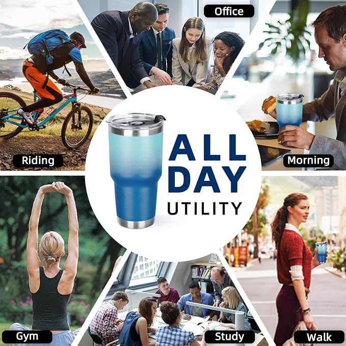 30 oz Tumbler with Lids and Straws Double Wall Vacuum Insulated Tumbler Cup,Stainless Steel Leak-proof Thermal Tumbler Travel Coffee Mug for Cold and Hot Drinks,Gradient Blue