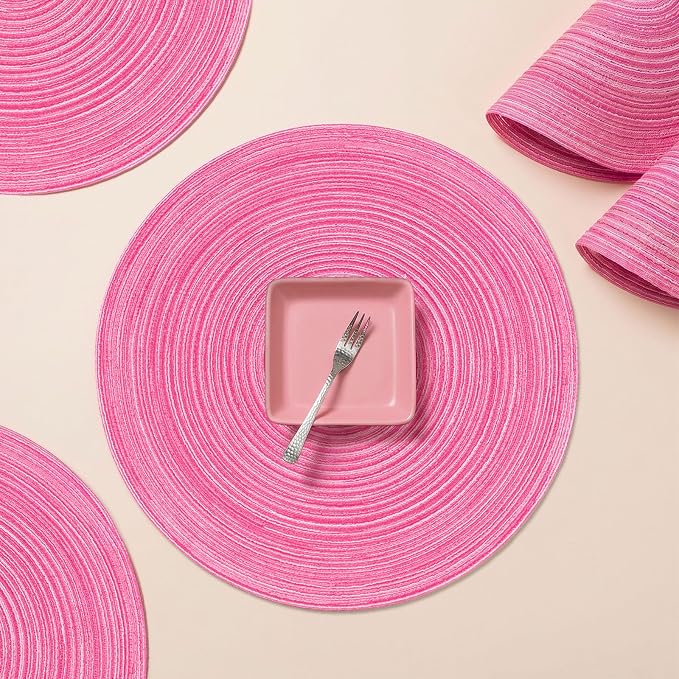 AHHFSMEI Round Braided Placemats Set of 6 Woven Table Mats for Dining Table Heat Resistant Easy to Clean Perfect for Kitchen & Home Decor (Hot Pink)