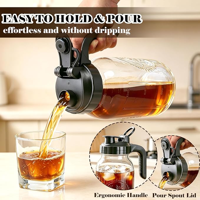 Cold Brew Coffee Maker 64oz Iced Coffee Maker with Stainless Steel Filter | Wide Mouth Glass Pitcher with Pour Spout Lid Cold Brew Pitcher with Ergonomic Handle Airtight Mason Jar Pitcher with Filter