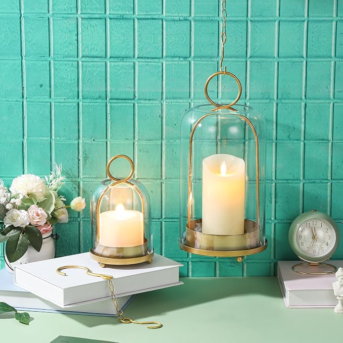 6" & 4" Wide Versatile Modern Metal Hurricane Lantern with Handmade Sturdy Glass Dome in Vintage Brass for Pillar Candle & Plants, Industrial, Farmhouse, Shabby Chic (Brass, 4"x7.5" &6.3"x11.2")