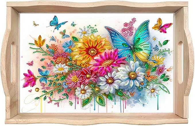 DIY Diamond Art Painting Serving Tray Creative Design Handmade Wooden Rectangular Snack Tray Dinner Plate Drill Craft for Coffee Living Room Home Organizer-Butterfly