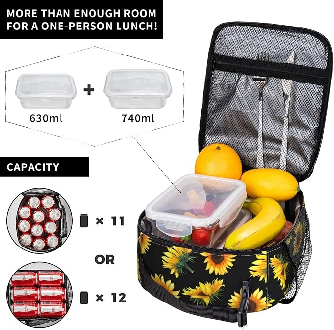 YETTA YANG Sunflower Flower Floral Black Portable Lunch Bag Insulated Lunch Box Reusable Totes For Women Men Work Picnic Camping
