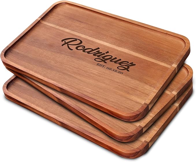 Personalized Acacia Wood Serving Tray with Engraved Name, Wooden Tray for Food, Coffee Table, Kitchen Counter Wedding Gift – Rustic Bed Tray for Eating, Parties, Display and Home Decor Use