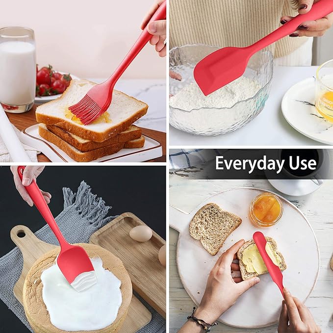 LIANYU 15-Piece Cooking Kitchen Utensils Set with Holder, Silicone Kitchen Tools Stainless Steel Handle, Slotted Spatula Spoon Turner Tong Whisk Brush for Cooking, Red