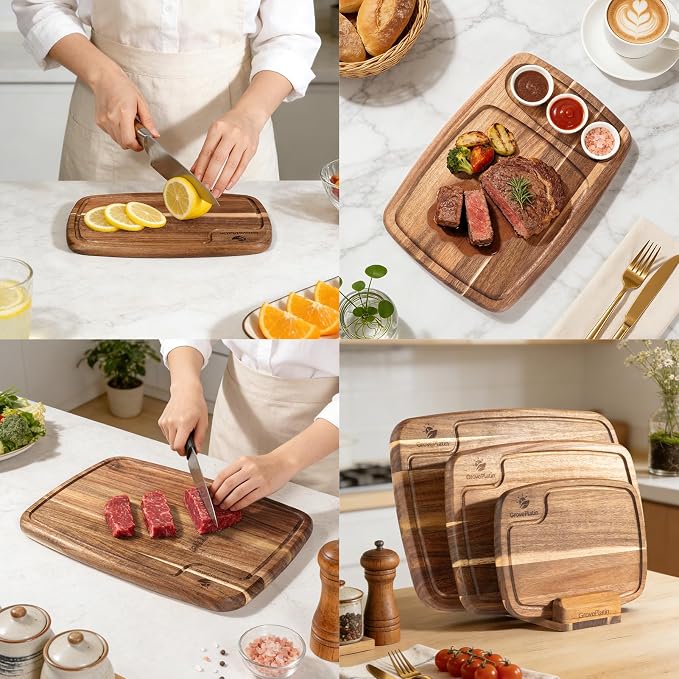 Acacia Wood Cutting Boards for Kitchen (Set of 3), Heavy Duty Chopping Board with Deep Juice Groove, Reversible Designed, Storage Stand & Oiling Brush