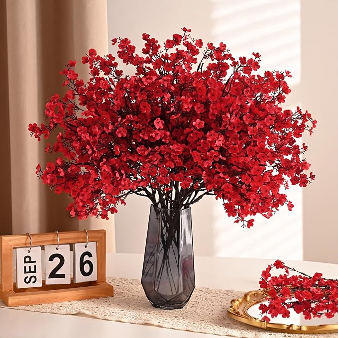 Waipfaru Red Fake Flowers, 15 Pcs Babys Breath Artificial Flowers, Real Touch Silk Flowers Fall Stems for Spring Summer Fall Thanksgiving Christmas Decor Floral Arrangement