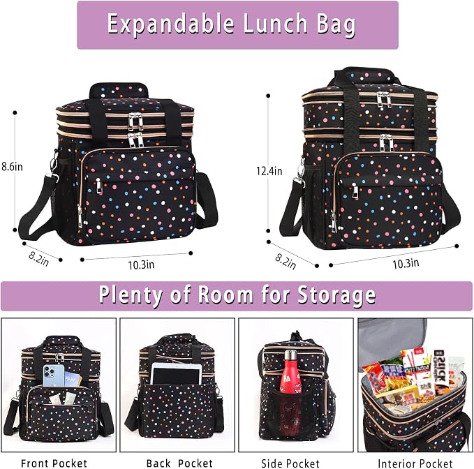 GLENKEY Tactical Lunch Box Cooler Bag - Expandable Insulated Lunch Bag for Men Women - Large Lunchbox for Adults Work Shifts Outdoor Trips Polka Dots 16L