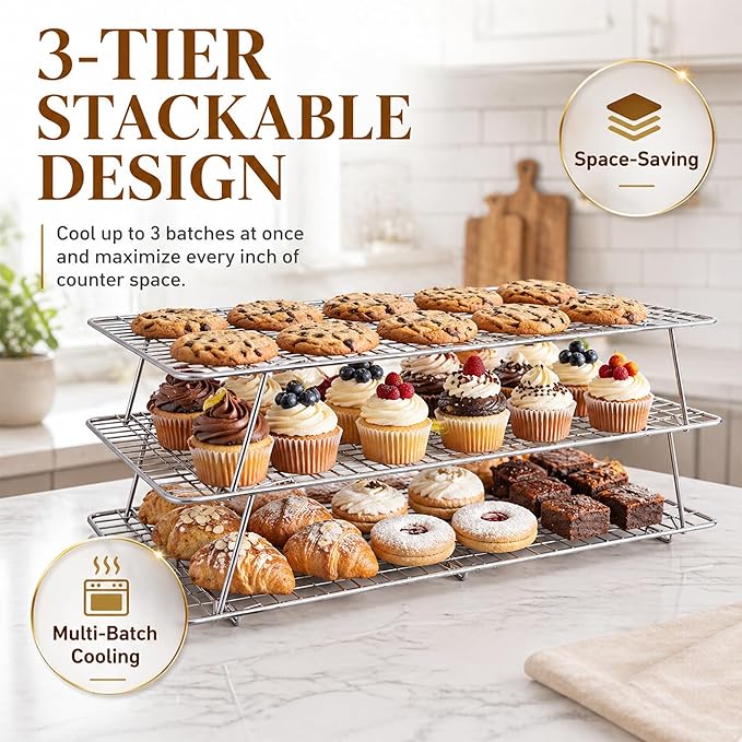 Cooling Rack, 3 Tier Stackable Cooling Racks for Cooking Baking Roasting, Multi-Level Collapsible Cookie Rack for Cakes, Oven Safe & Easy Clean (Silver, 3-Tier-SL)