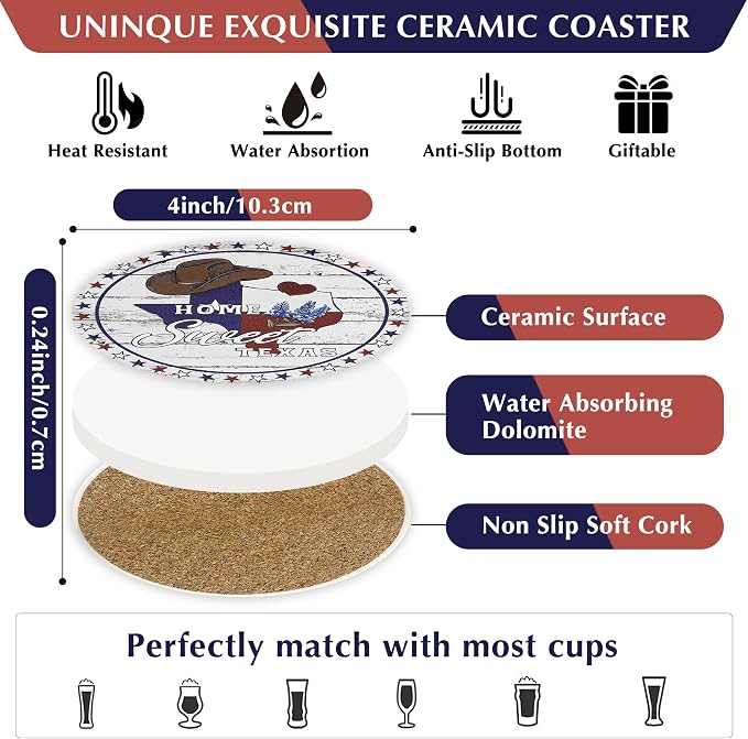 Texas Souvenirs Gifts for Men Women,Travel Souvenir Coaster Set of 6,Drink Absorbent Coasters with Holder, Coffee Table Decor Ceramic Stone Coaster for New Home, Apartment Kitchen Bar