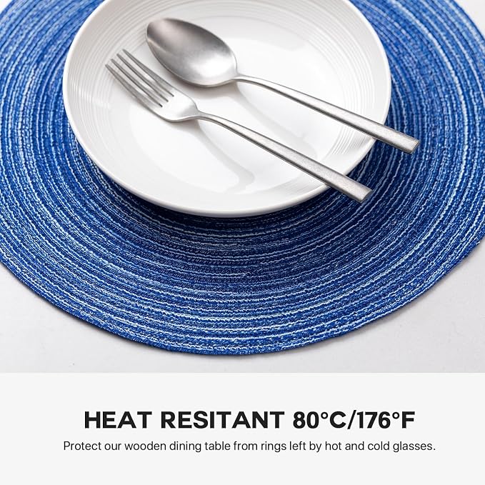 Round Placemats Set of 8 Woven Placemats Washable Braided Table Mats for Dining Table Heat Resistant Non-Slip Circle Place Mats(Royal Blue)