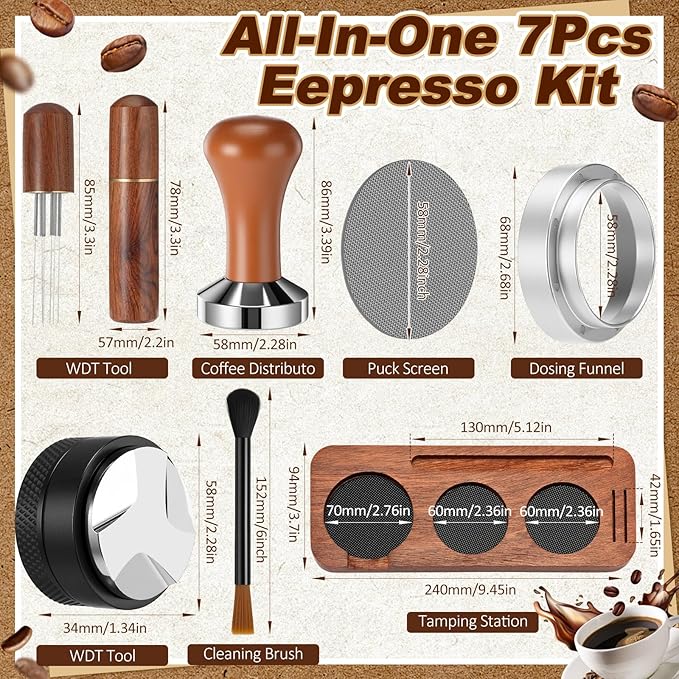 7 Pcs Espresso Accessories Kit, 58 mm Coffee Tamper Set Espresso Machine Accessories Coffee Tamper Wdt Tool Dosing Funnel Puck Screen Brush Tamping Station for 58 mm Barista Tools