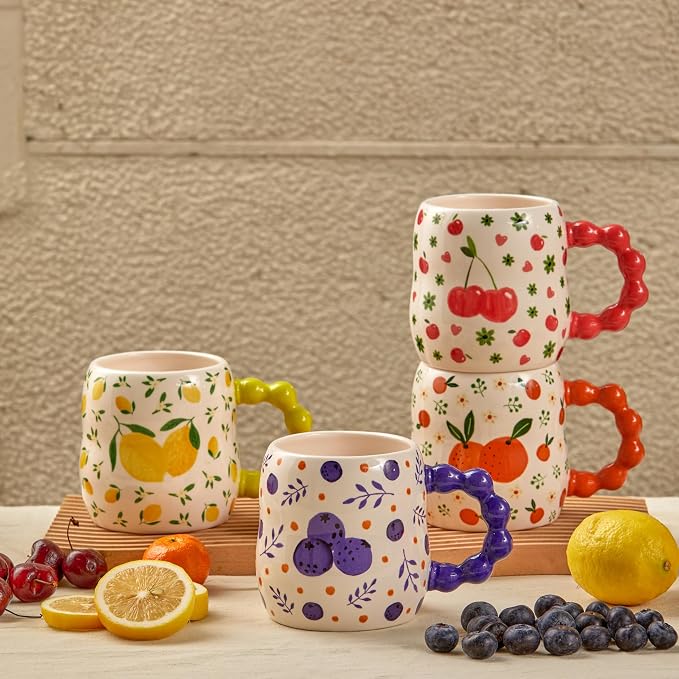 Bico Cartoon Fruit Pop Ceramic Mugs, Set of 4, for Coffee, Tea, Drinks, Microwave & Dishwasher Safe