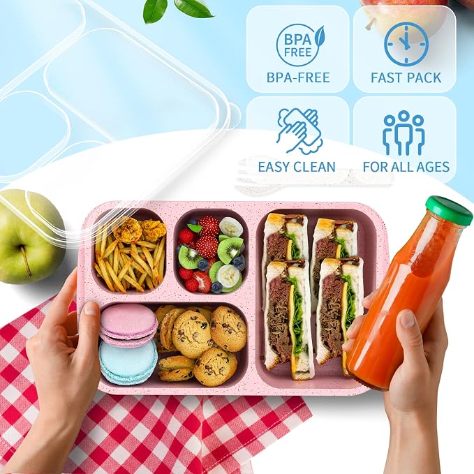 Bento Box 4-Pack 5-Compartment Meal Prep Containers, BPA-Free Plastic, Stackable Food Storage Lunch Boxes for Adults and Kids, School Work Travel (Pink)