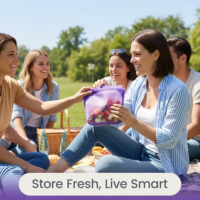 Session Goods 100% Reusable Silicone Food Storage Bags, Pack of 2 (Purple + Blue), Hygienic Ziplock Silicone Bags for Food Storage for Leftovers, Leak Resistant Freezer Bags, BPA Free, Sandwich Bags