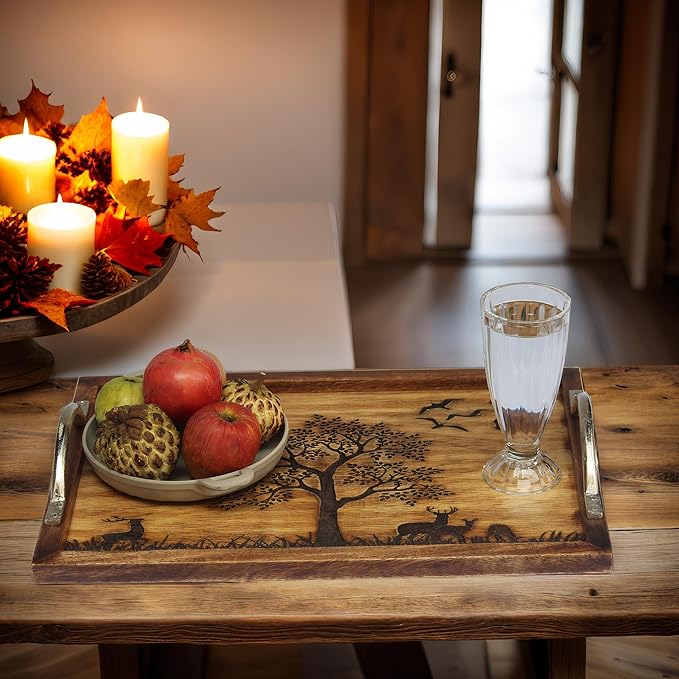 Large Wooden Serving Tray with Nature Scene, Decorative Tree and Wildlife Design, Metal Handles