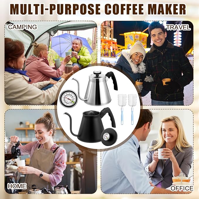 2 Pack 40 oz Gooseneck Kettle with Thermometer Stainless Steel Pour over Coffee Kettle Precision Drip Spout for Stovetop Home Kitchen Camping(Black and Silver)