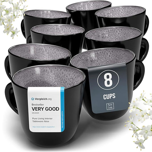 PURE LIVING INTERIOR DESIGN Stoneware coffee mugs set 8 pcs – 14.5 oz dark gray ceramic cups – Dishwasher and microwave safe – Modern stylish coffee cup set – Dinner service