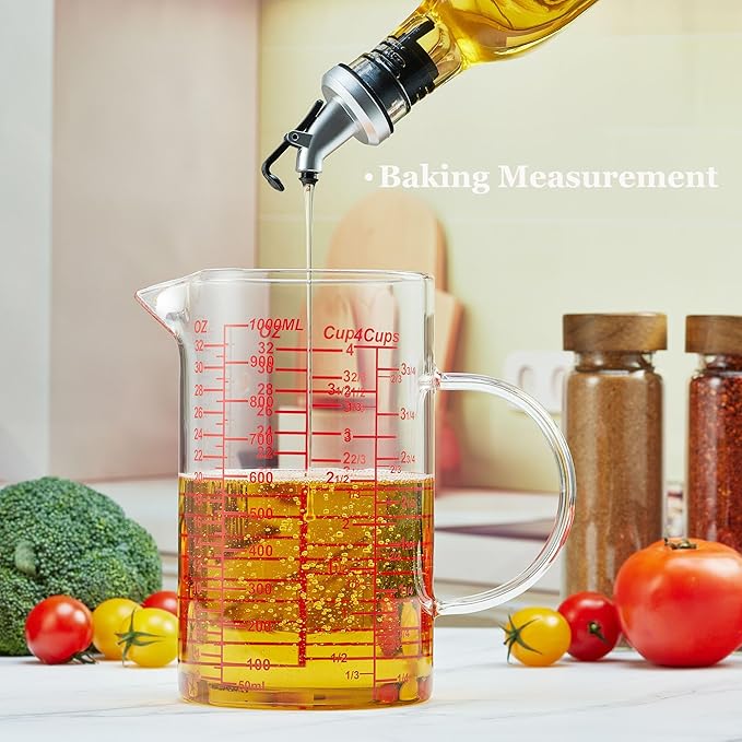 Ackers Mirror Graduated Glass Measuring Cup - [Insulated Handle | V-Shaped Spout] - High Borosilicate Glass Measuring Cup for Kitchen or Dining, Easy to Read, 1000ml (32oz, 4 Cup)